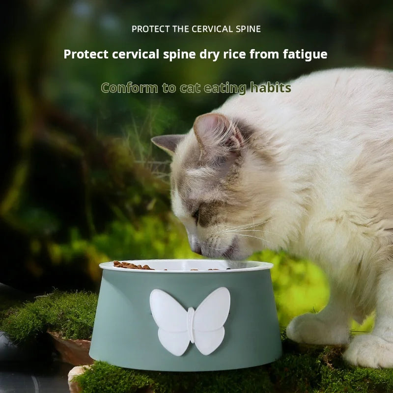 Ceramic Pet Bowl with Neck Protection - Butterfly Design Food-Grade Bowl