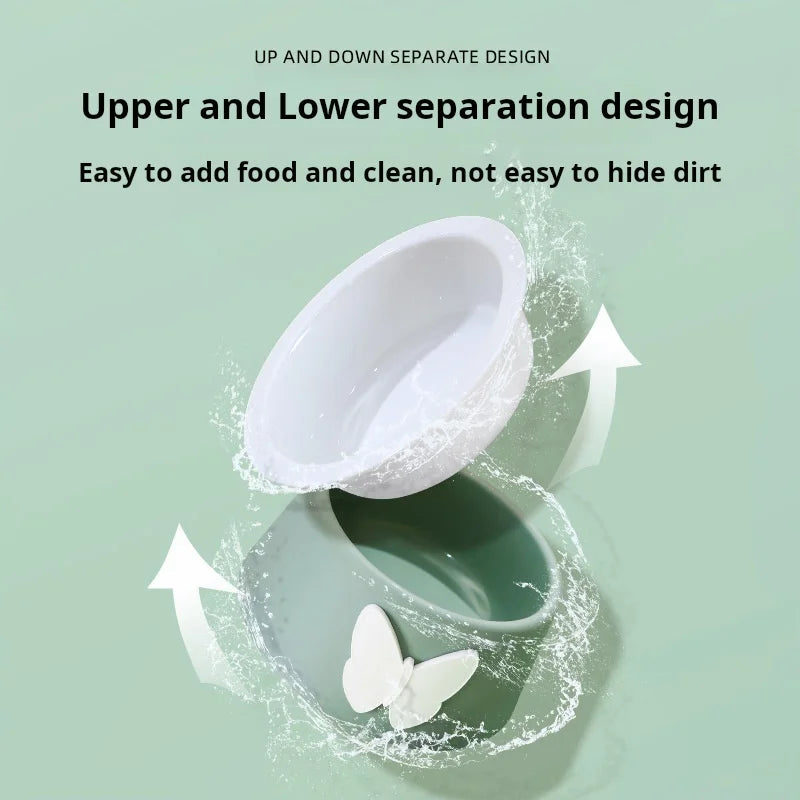 Ceramic Pet Bowl with Neck Protection - Butterfly Design Food-Grade Bowl