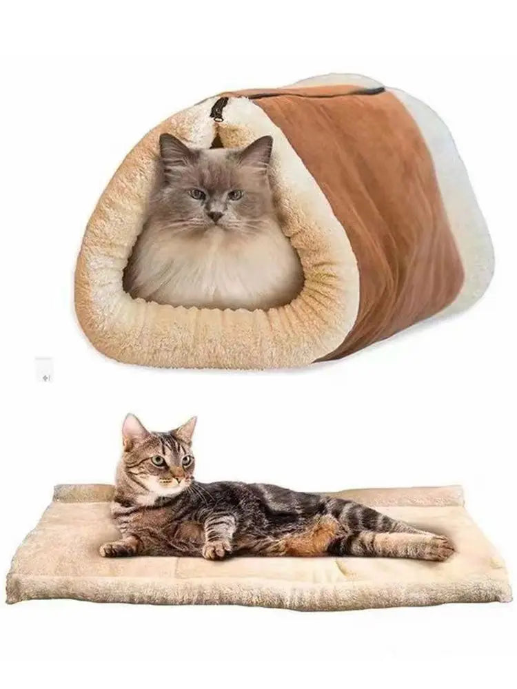 Lit/Tunnel pour Chat 2-en-1 en Polaire et Tapis Pliable – Niche, Tunnel et Tapis de Voyage