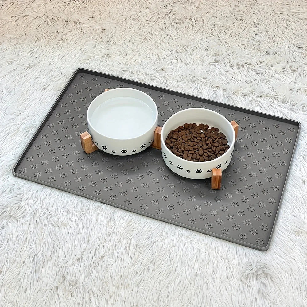 Non-Slip Pet Feeding Mat - Silicone Placemat with Paw Print Design