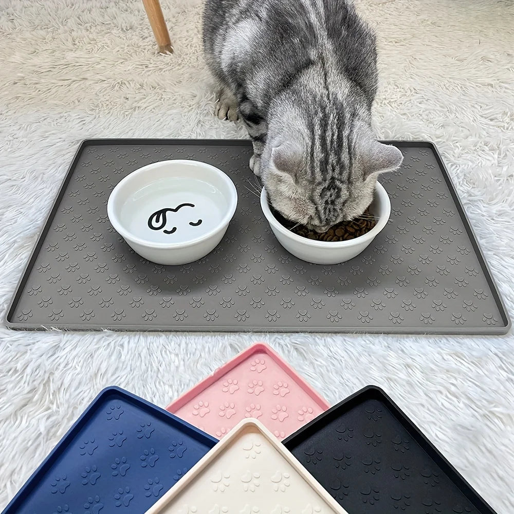 Non-Slip Pet Feeding Mat - Silicone Placemat with Paw Print Design