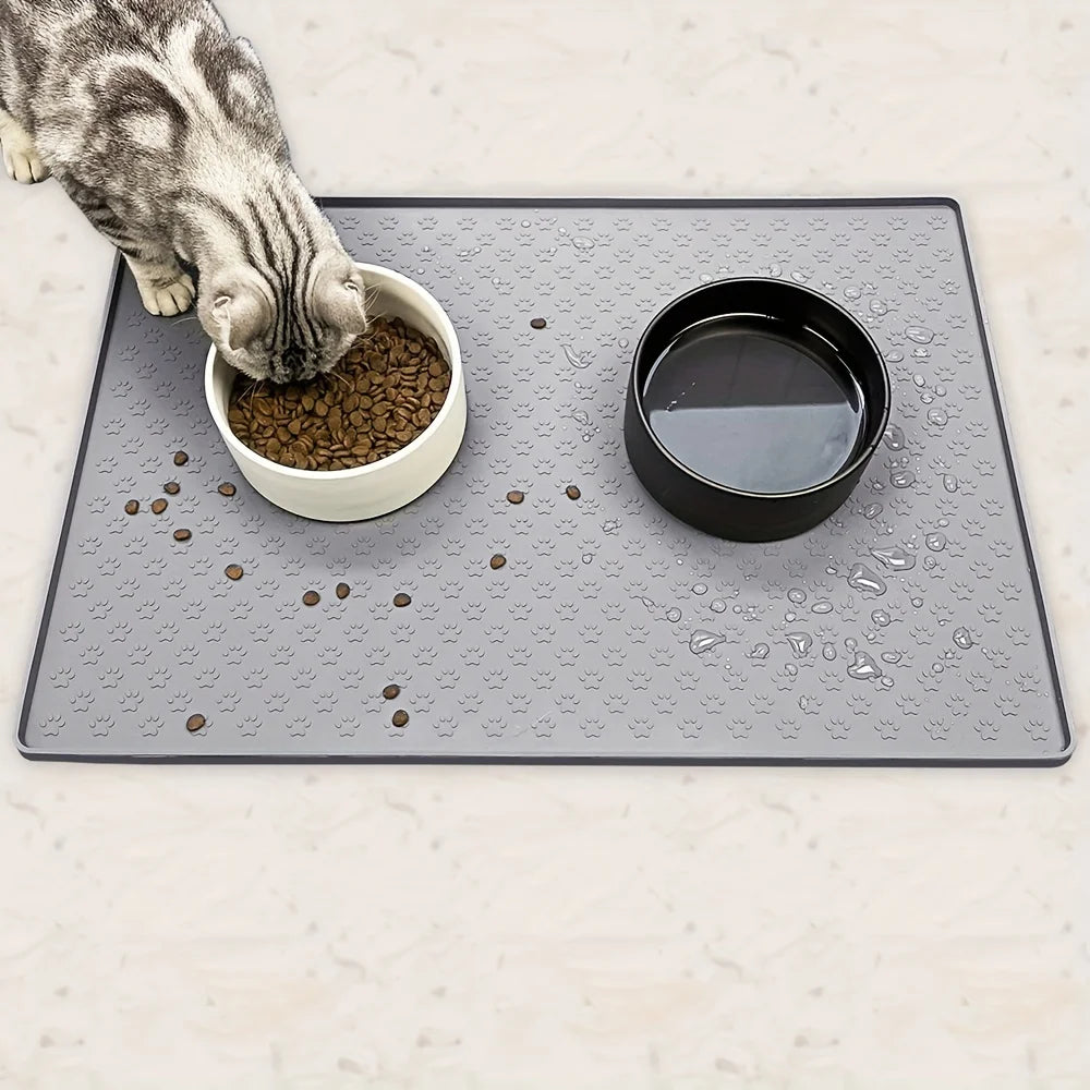 Non-Slip Pet Feeding Mat - Silicone Placemat with Paw Print Design