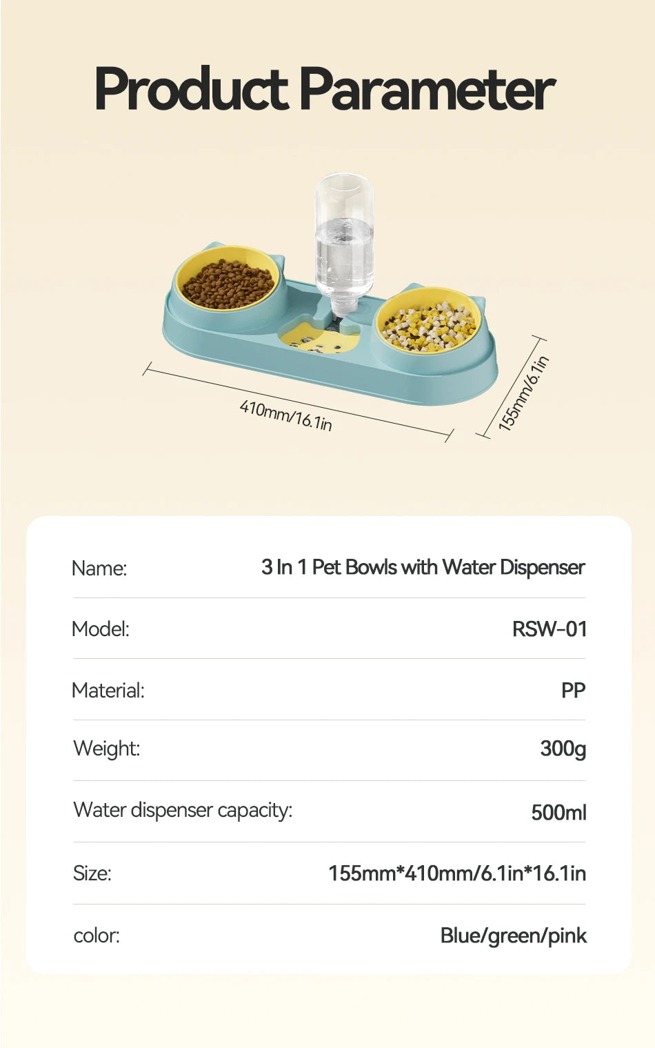 3-in-1 Pet Bowl Set with Automatic Water Dispenser and Dual Feeding System
