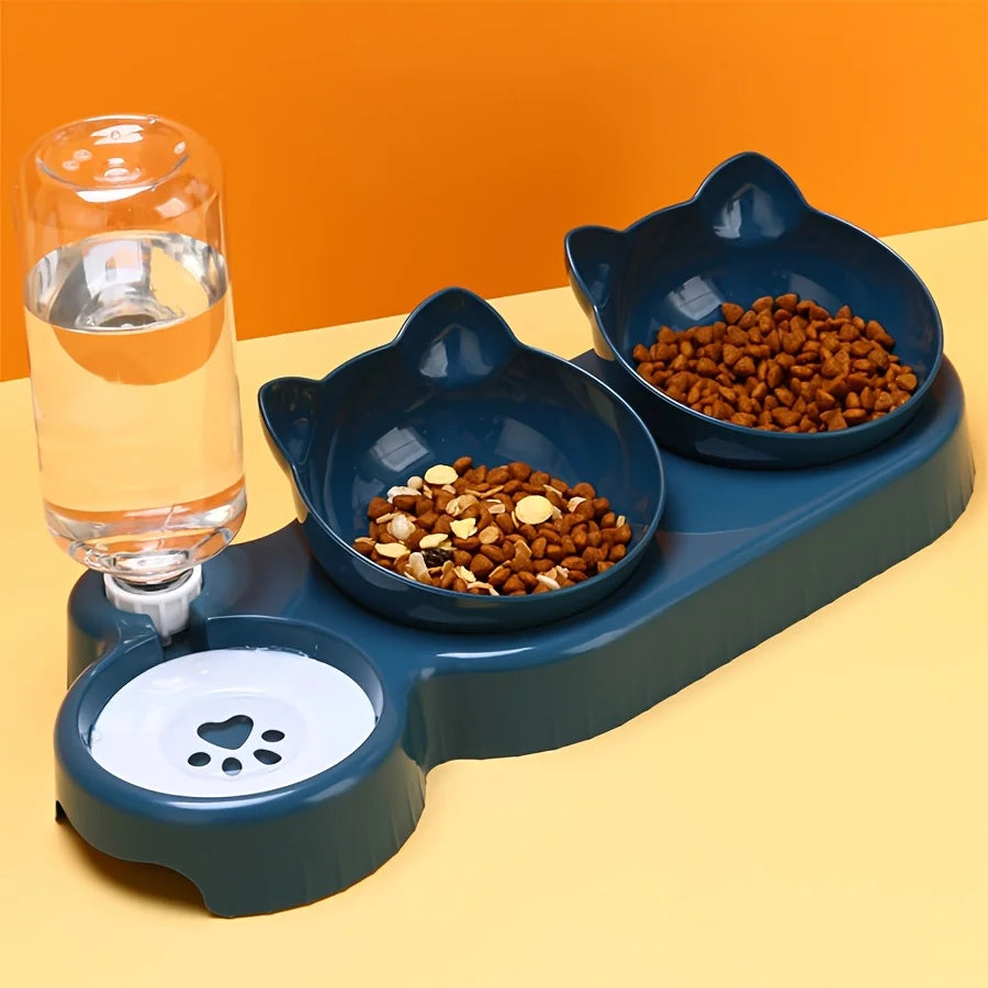 3-in-1 Pet Bowl Set with Gravity Water Feeder - Tilted Design with Ear Shape for Neck Protection
