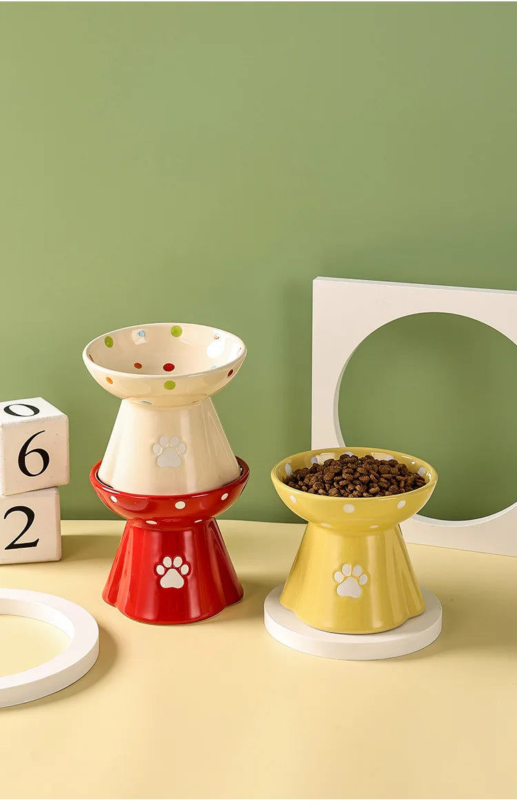 Elevated Ceramic Cat Bowl - Anti-Black Chin Design with Cervical Spine Protection