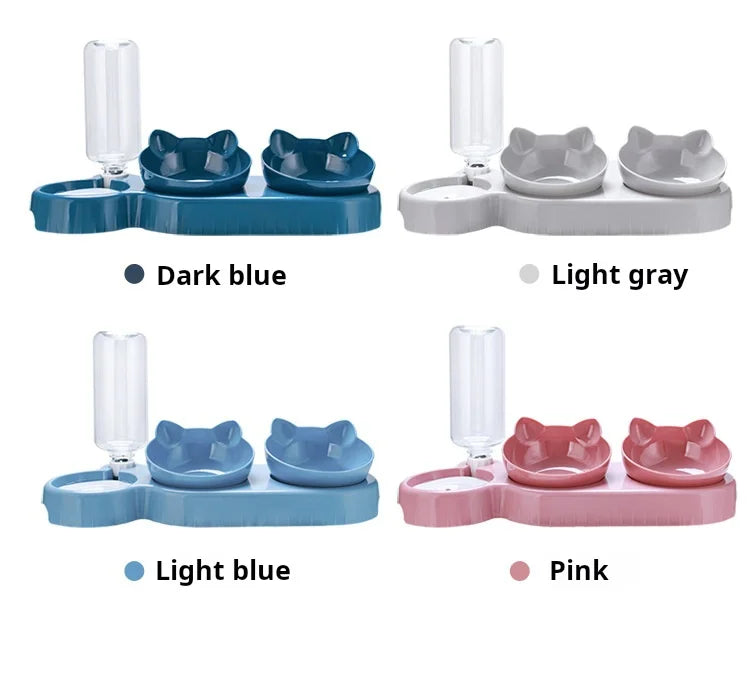 3-in-1 Pet Bowl Set with Gravity Water Feeder - Tilted Design with Ear Shape for Neck Protection