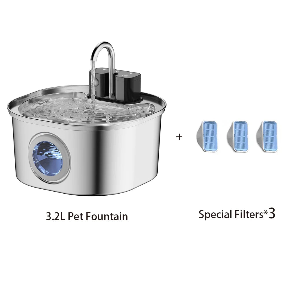 3.2L Wireless Smart Pet Water Fountain - Stainless Steel Automatic Dispenser with Visual Window