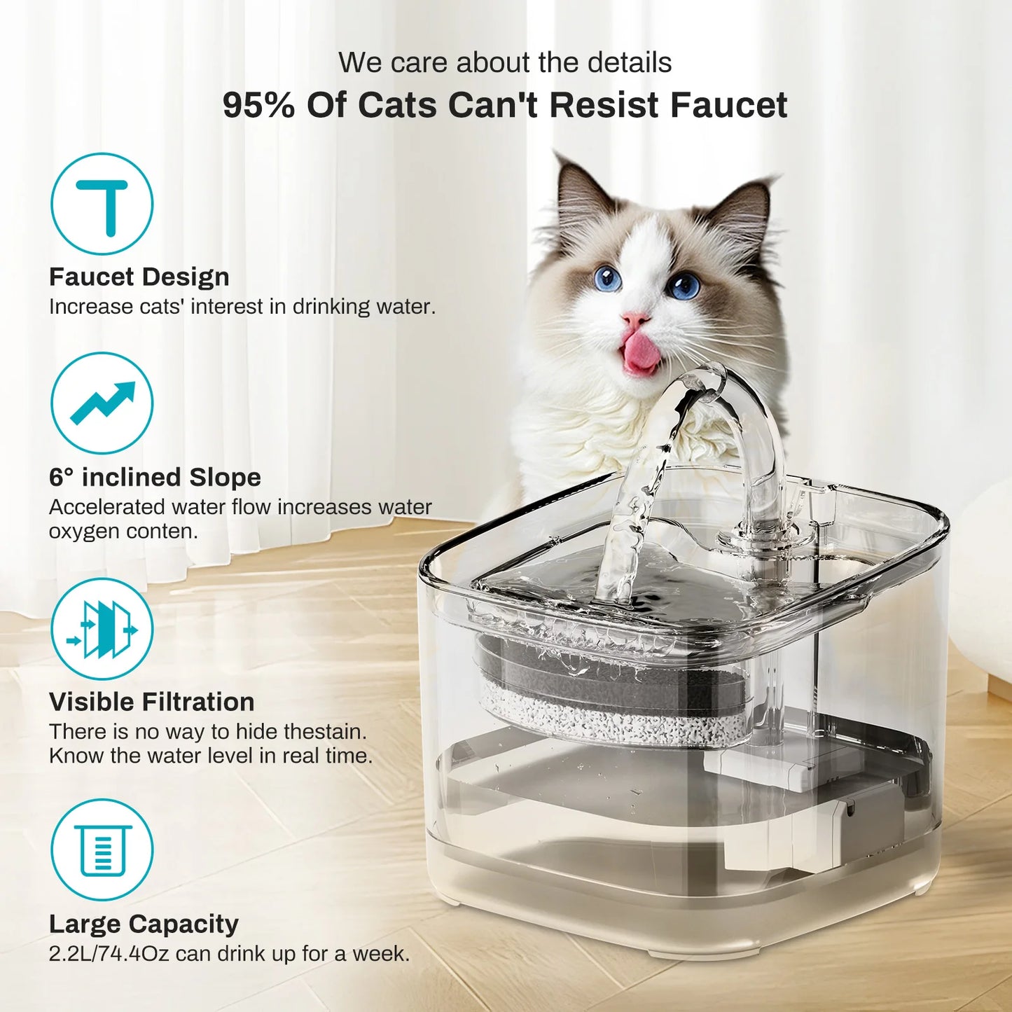 2.2L Silent Pet Water Fountain with Visible Filtration - Automatic Dispenser for Cats & Dogs