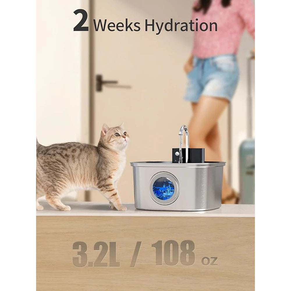 3.2L Wireless Smart Pet Water Fountain - Stainless Steel Automatic Dispenser with Visual Window