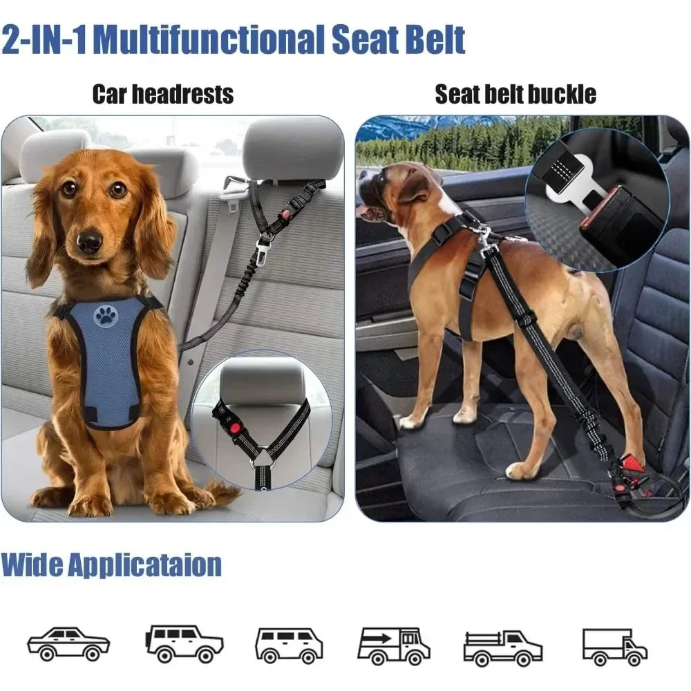 2-in-1 Dog Car Safety Seatbelt - Adjustable Reflective Headrest Restraint
