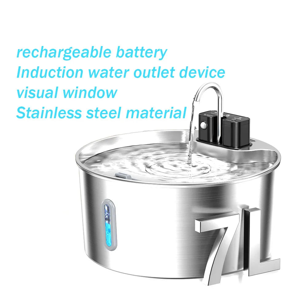 7L wireless rechargeable cat water fountain, stainless steel dog water fountain, pet water fountain with visual window