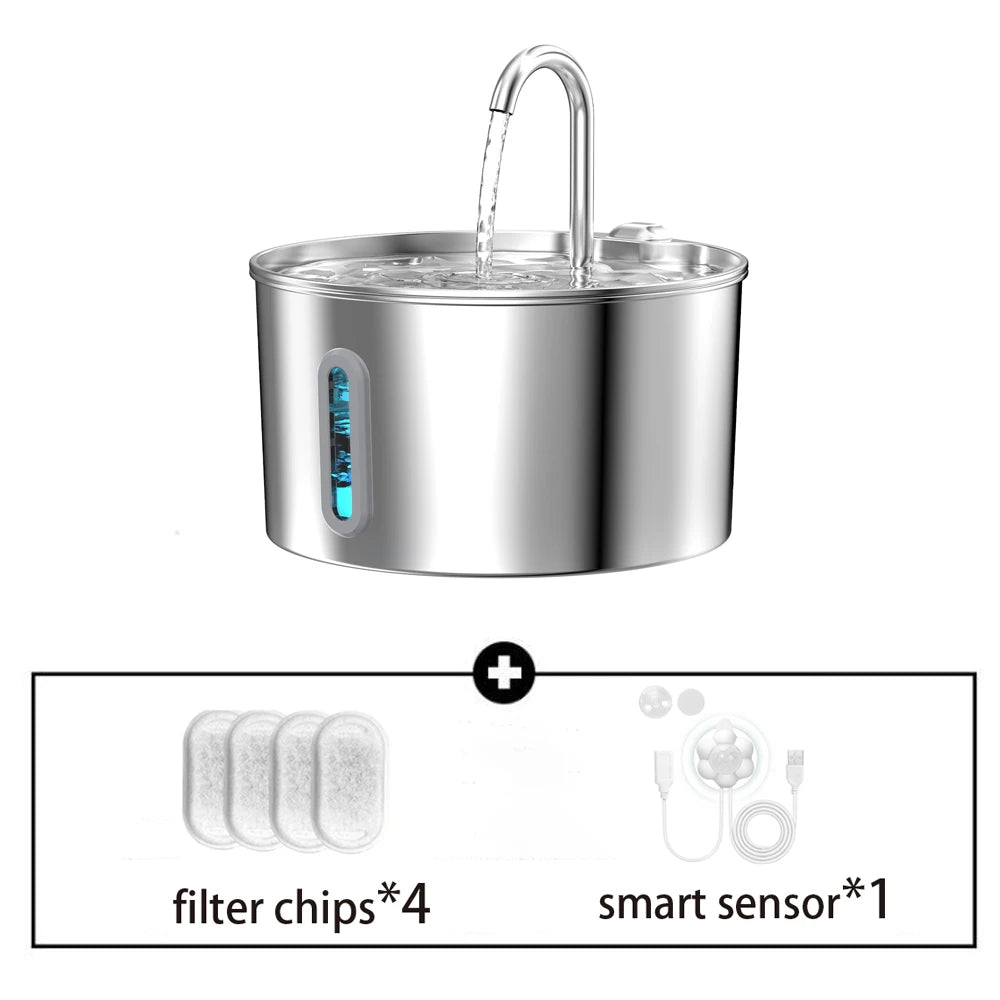2.2L Automatic Pet Water Fountain - Stainless Steel Silent Water Dispenser with Window