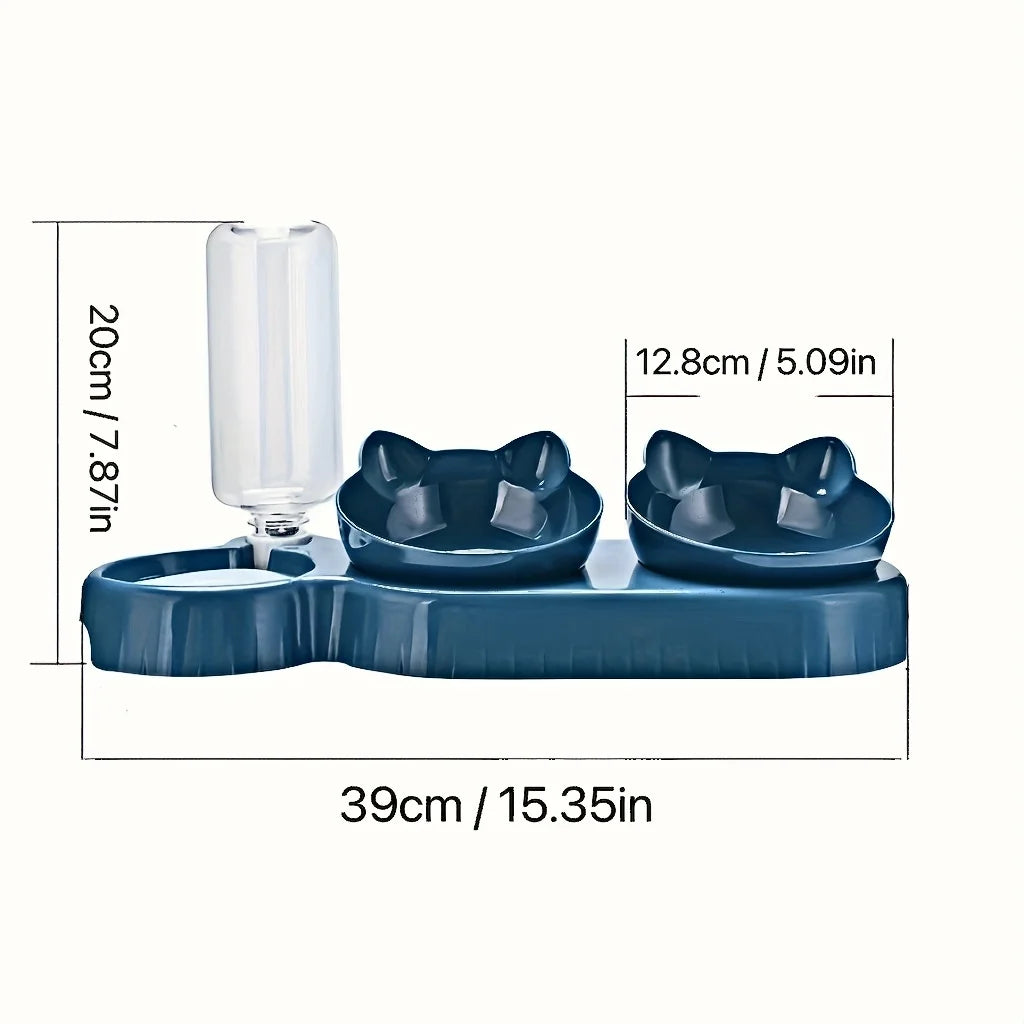 3-in-1 Pet Bowl Set with Gravity Water Feeder - Tilted Design with Ear Shape for Neck Protection