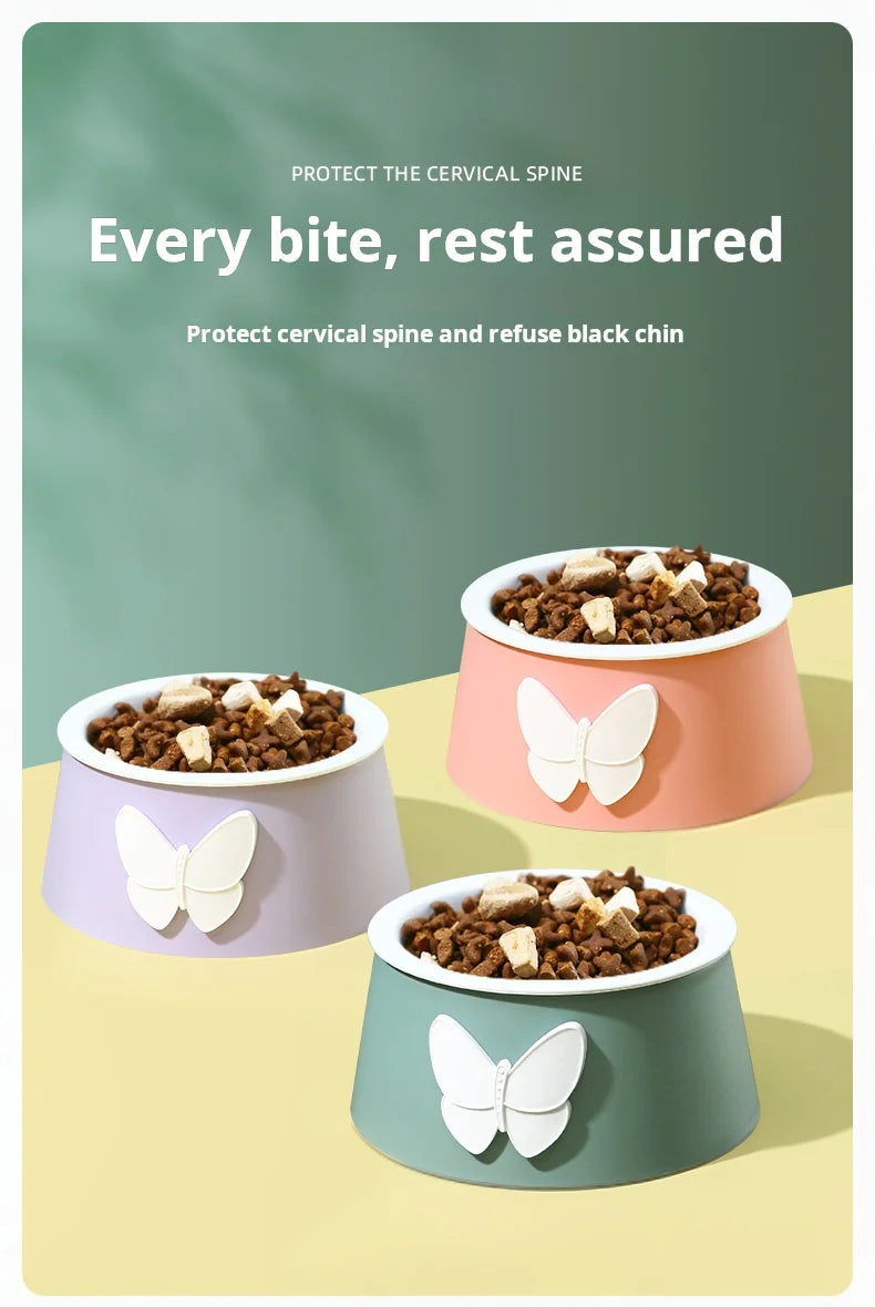 Ceramic Pet Bowl with Neck Protection - Butterfly Design Food-Grade Bowl