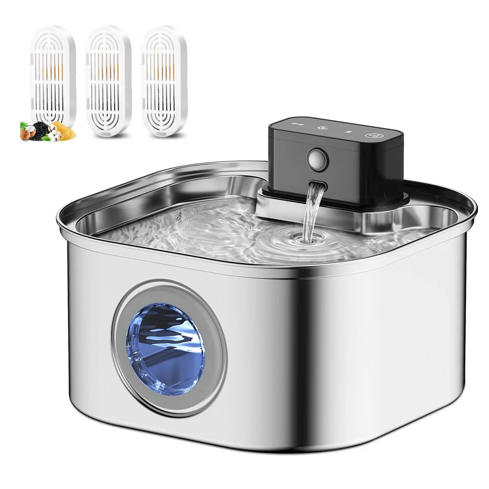 Wireless Charging Pet Water Fountain with Sensor - 3.2L Stainless Steel