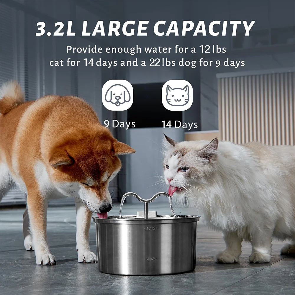 Large Capacity Pet Water Fountain 3.2L - Stainless Steel with Level Window