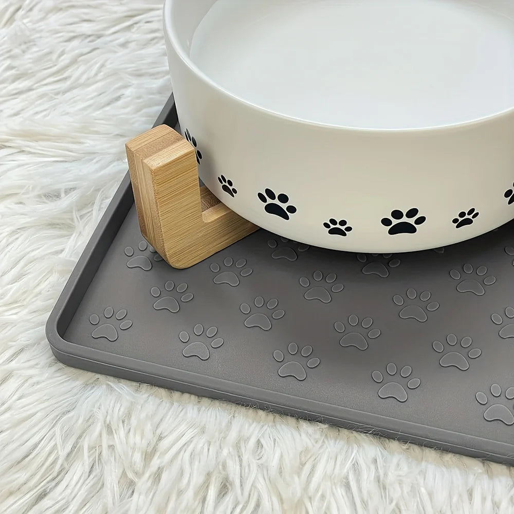 Non-Slip Pet Feeding Mat - Silicone Placemat with Paw Print Design