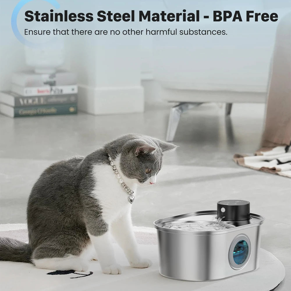 3.2L Wireless Motion Sensor Pet Water Fountain - Stainless Steel Rechargeable Automatic Dispenser