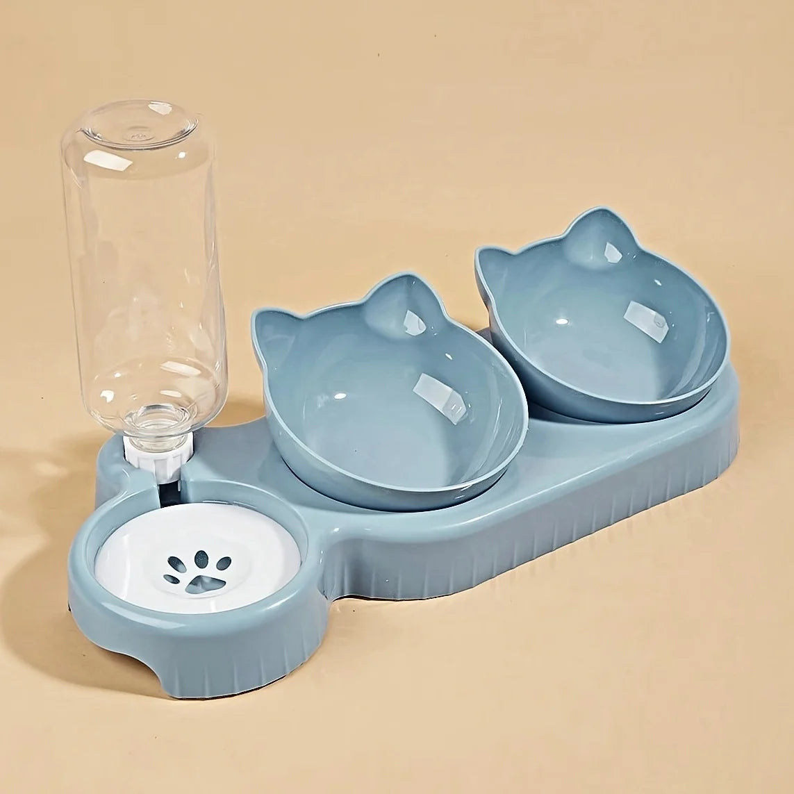 3-in-1 Pet Bowl Set with Gravity Water Feeder - Tilted Design with Ear Shape for Neck Protection