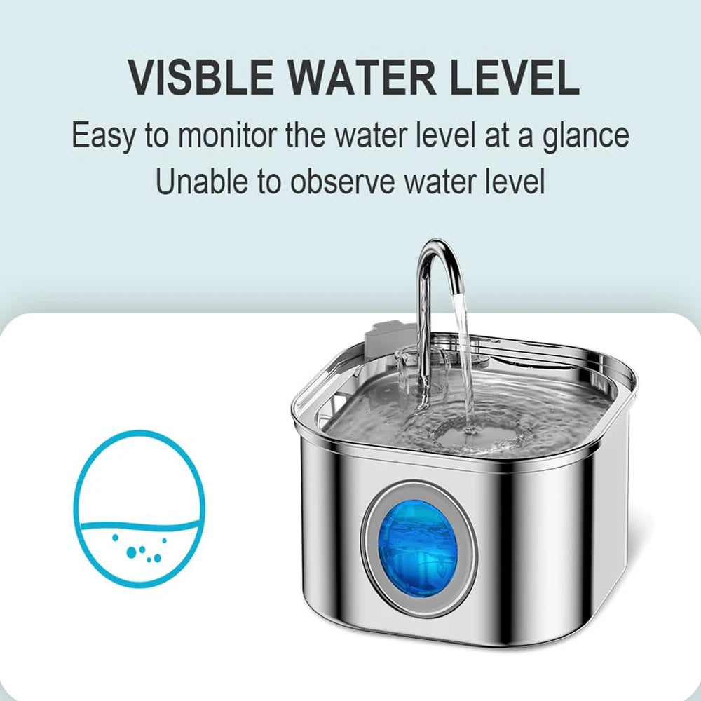 Automatic Pet Water Fountain 2.2L - Stainless Steel with Viewing Window