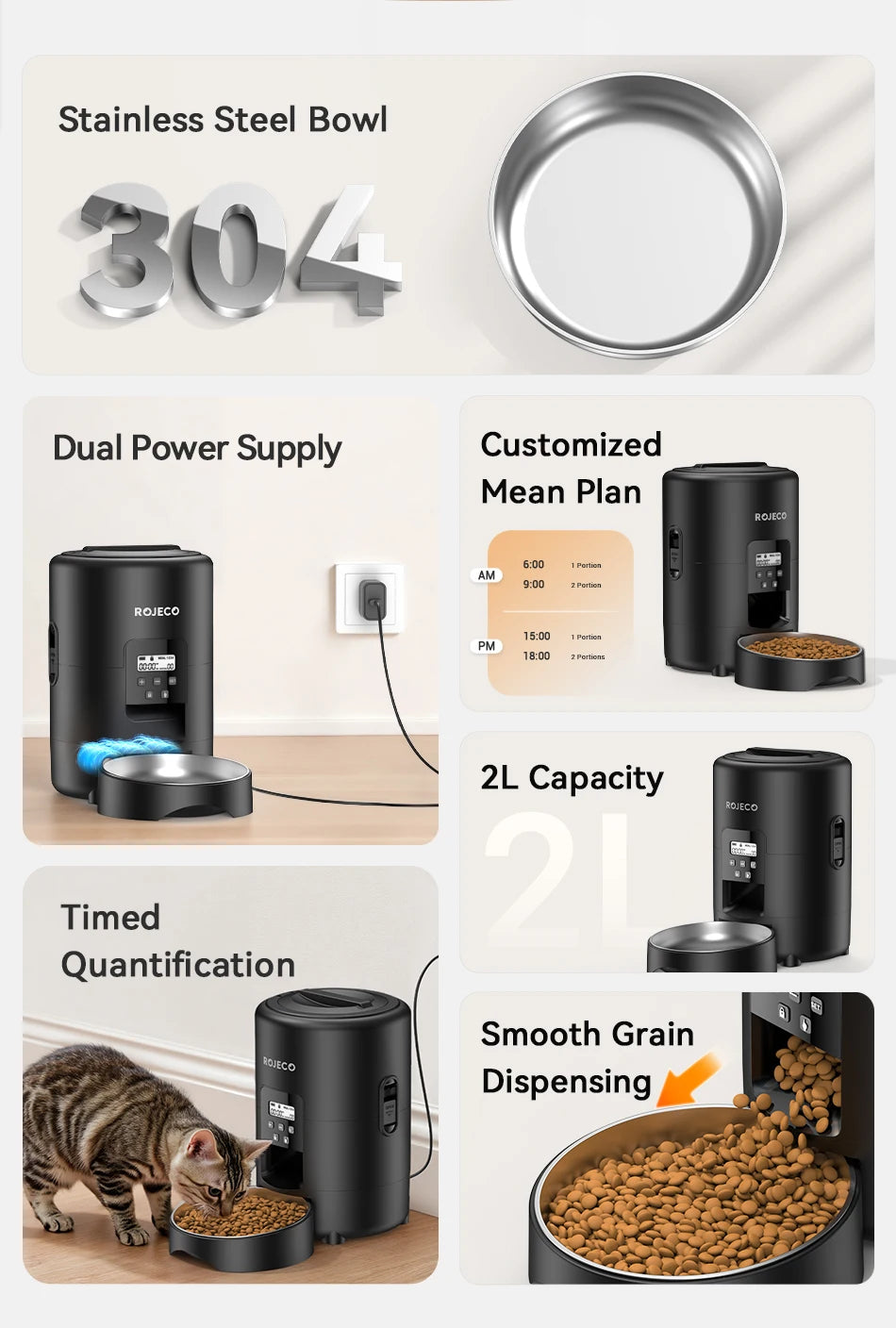 2L Automatic Pet Feeder - Smart Button Control Kibble Dispenser for Dogs & Cats