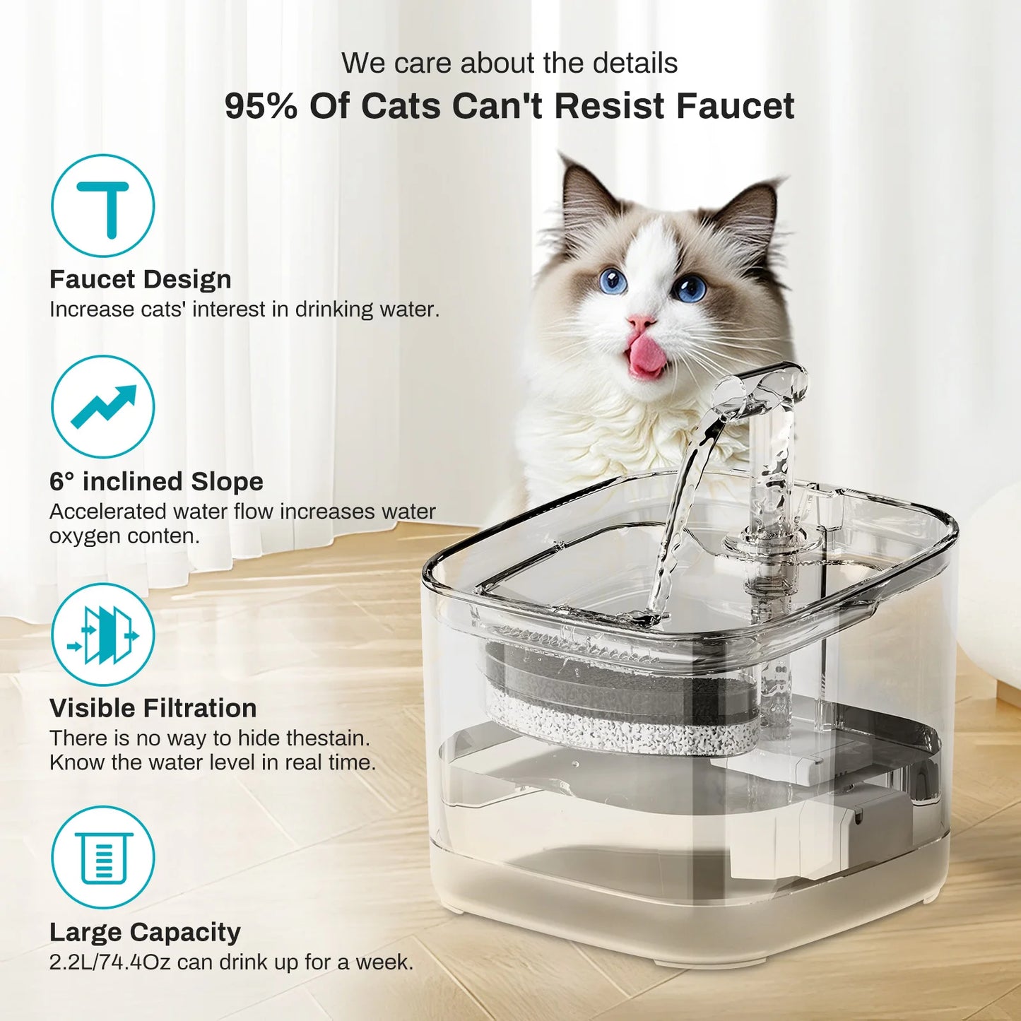 2.2L Silent Pet Water Fountain with Visible Filtration - Automatic Dispenser for Cats & Dogs