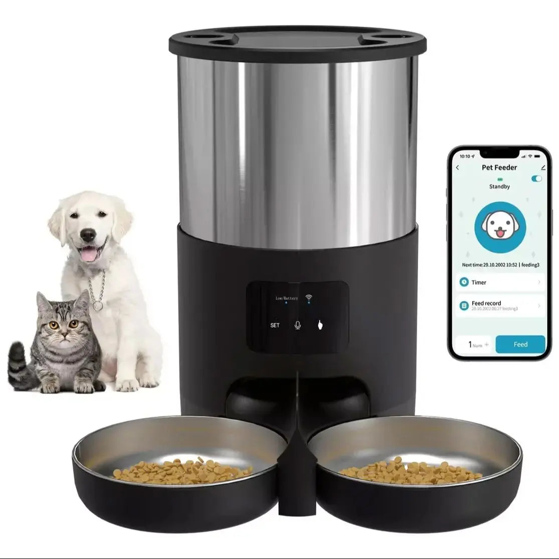 Distributeur automatique de nourriture intelligent pour animaux de compagnie 4L – Double gamelle en acier inoxydable avec contrôle via application et WiFi