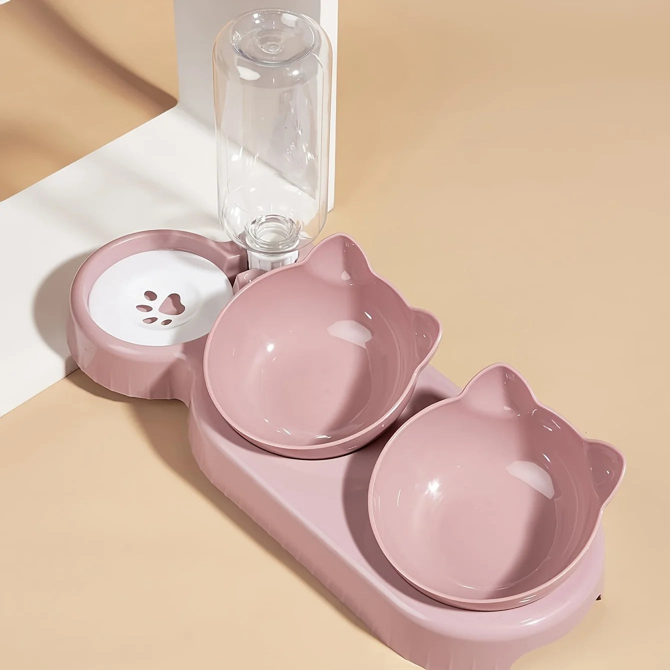 3-in-1 Pet Bowl Set with Gravity Water Feeder - Tilted Design with Ear Shape for Neck Protection