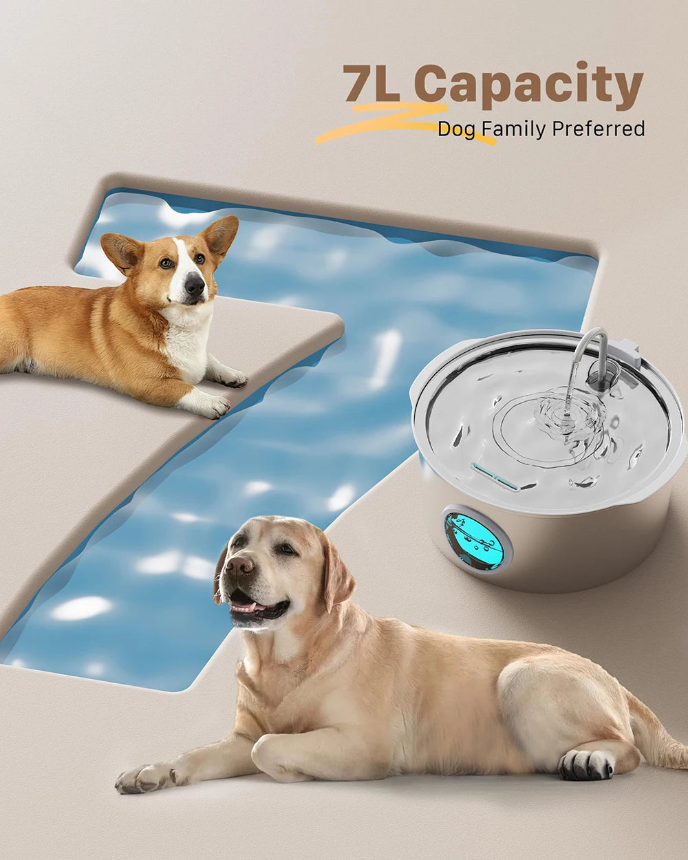 Large Pet Water Fountain - 7L Stainless Steel Automatic Dispenser with Silent Operation