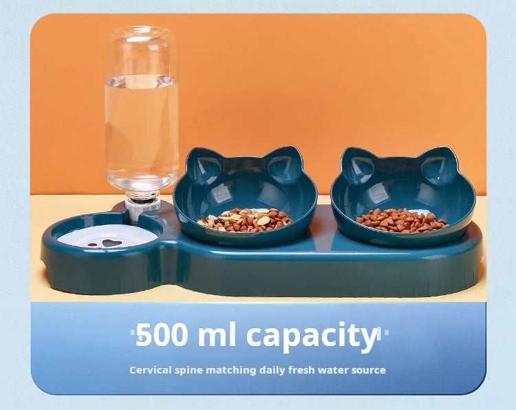3-in-1 Pet Bowl Set with Gravity Water Feeder - Tilted Design with Ear Shape for Neck Protection
