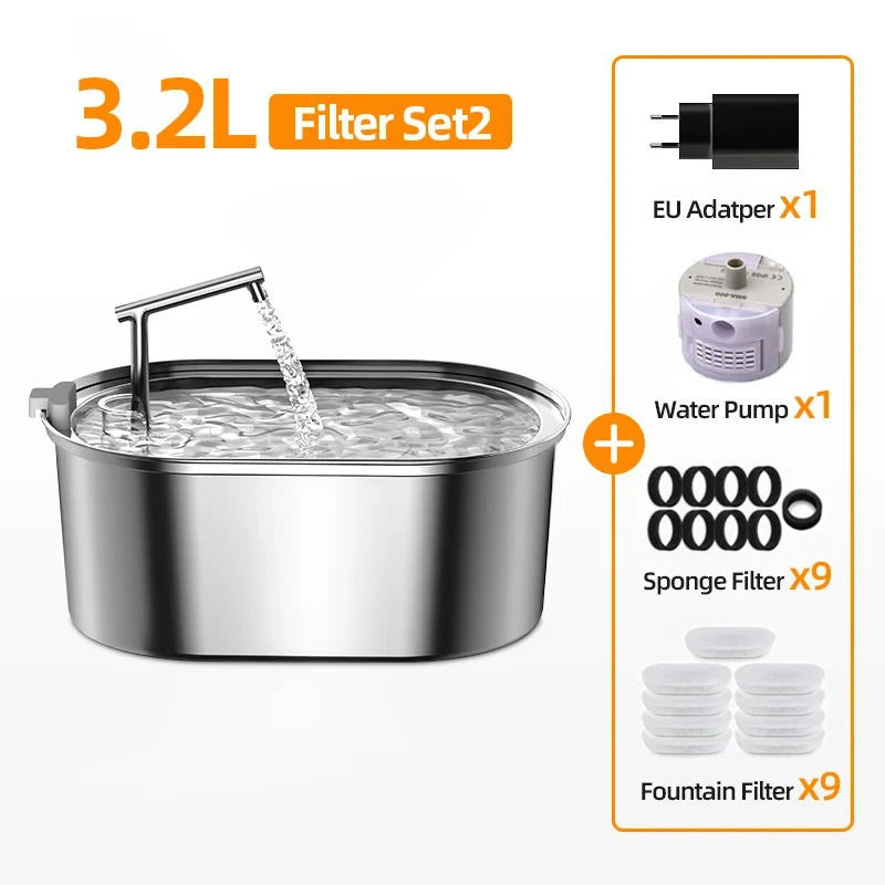 3.2L Stainless Steel Cat Water Fountain - Automatic Pet Water Dispenser for Dogs & Cats