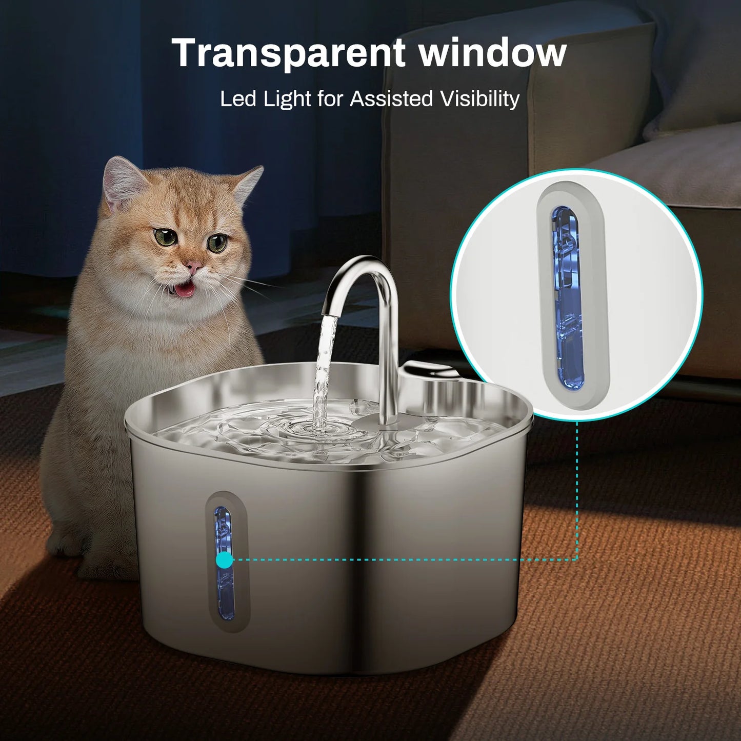 2.2L Automatic Pet Water Fountain - Stainless Steel Silent Water Dispenser with Window