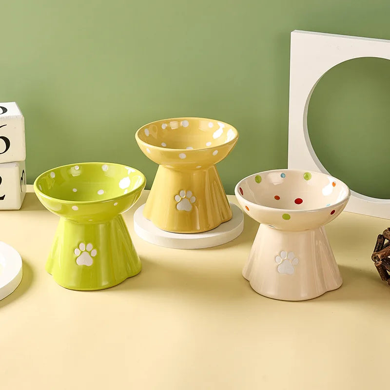 Elevated Ceramic Cat Bowl - Anti-Black Chin Design with Cervical Spine Protection