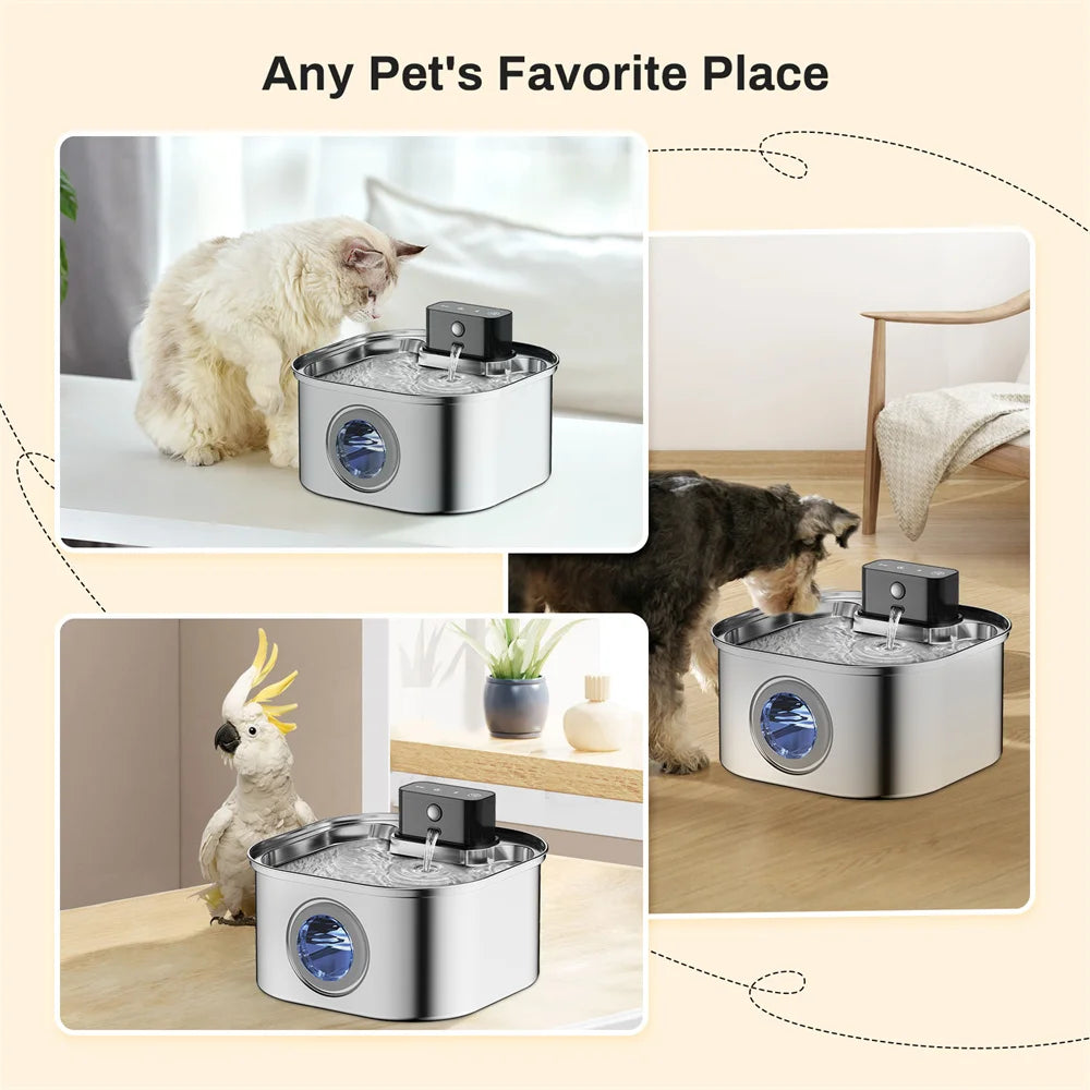 Wireless Charging Pet Water Fountain with Sensor - 3.2L Stainless Steel