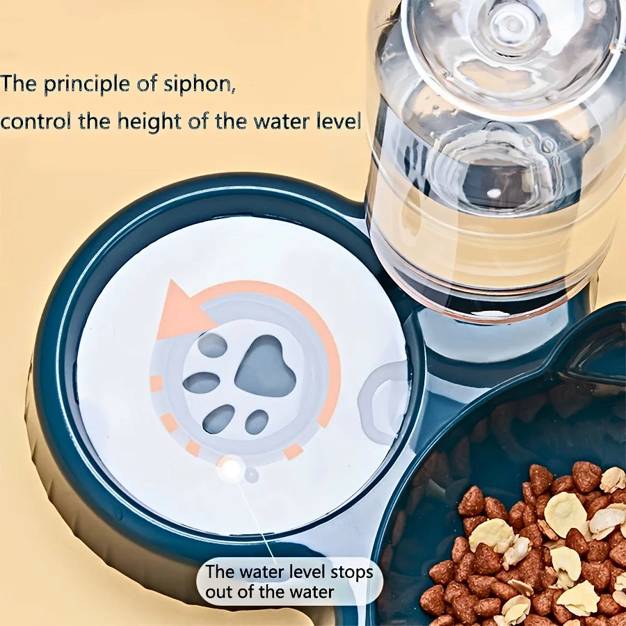 3-in-1 Pet Bowl Set with Gravity Water Feeder - Tilted Design with Ear Shape for Neck Protection