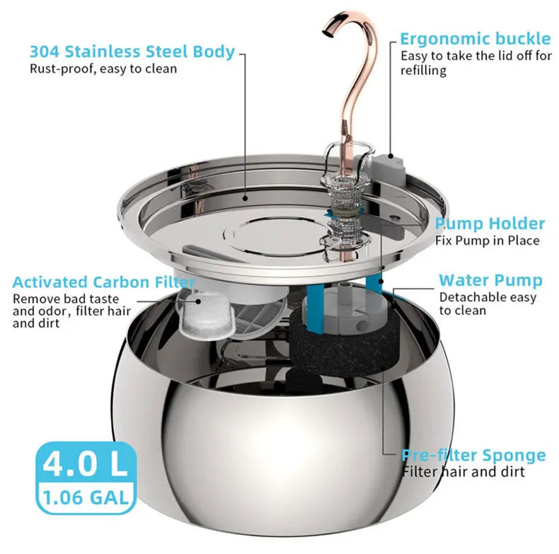 Pet Intelligent Water Dispenser Stainless Steel Fountain Automatic Circulation Cat Water Dispenser Mute Feeder 4L Swan Neck