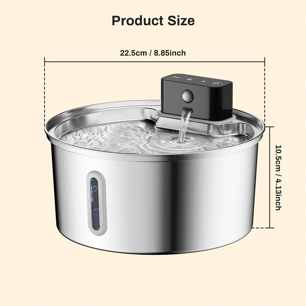 Smart Wireless Charging Pet Water Fountain with Sensor - 3.2L Stainless Steel