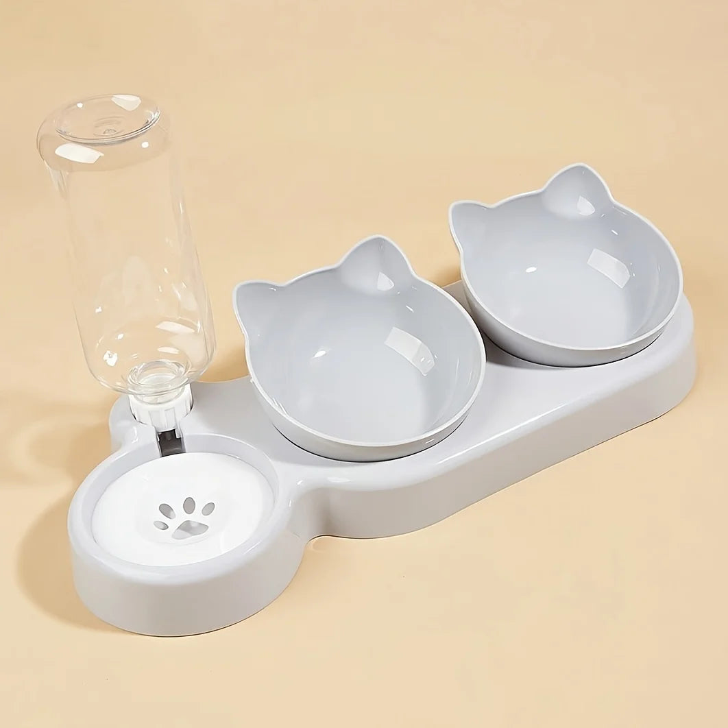 3-in-1 Pet Bowl Set with Gravity Water Feeder - Tilted Design with Ear Shape for Neck Protection