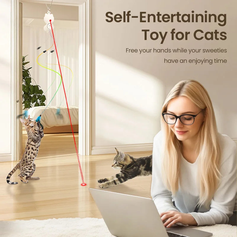 2-in-1 Automatic Cat Laser Toy with Feather Wand - Interactive Pet Entertainment