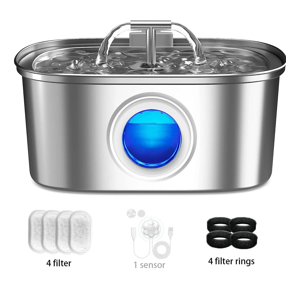 Fontaine à eau en acier inoxydable pour chats et chiens, fenêtre transparente, distributeur d'eau pour animaux de compagnie avec capteur et filtre, distributeur d'eau silencieux pour chats