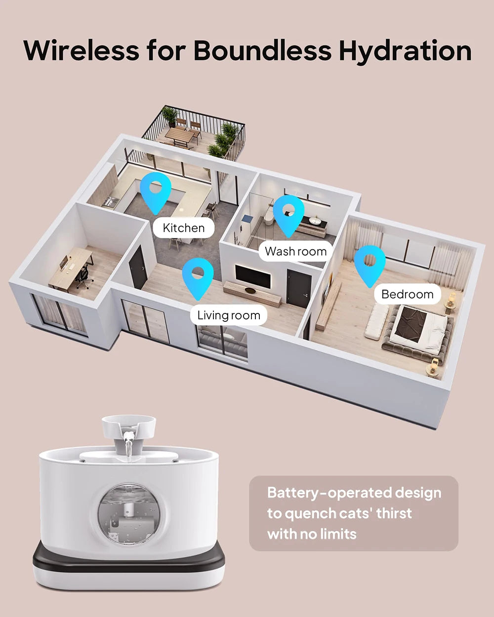 Wireless Pet Water Fountain with Filtration - 2.8L Silent Rechargeable Dispenser