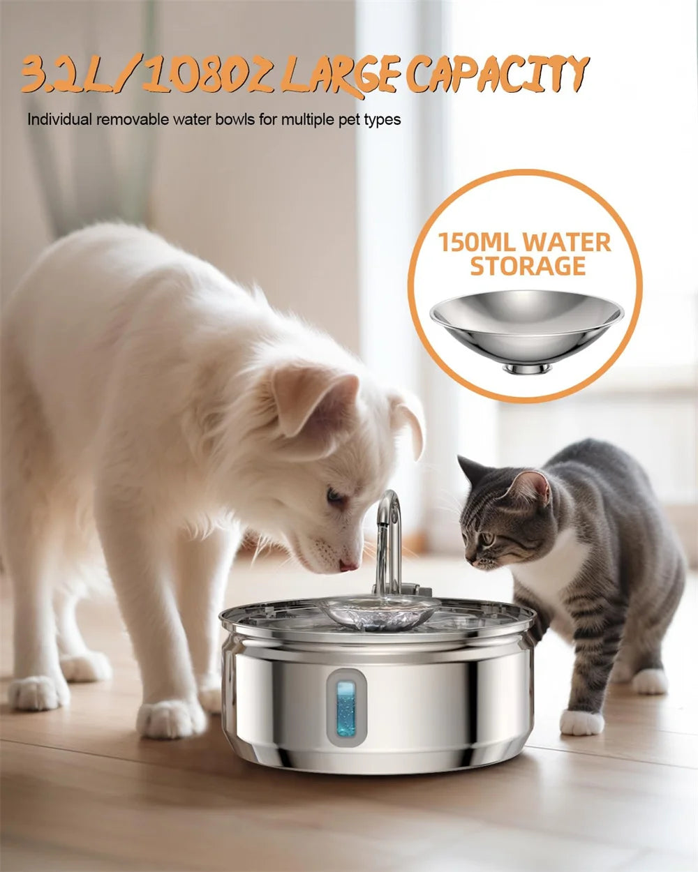 Smart Pet Water Fountain with Visual Window - 3.2L Stainless Steel Automatic Dispenser