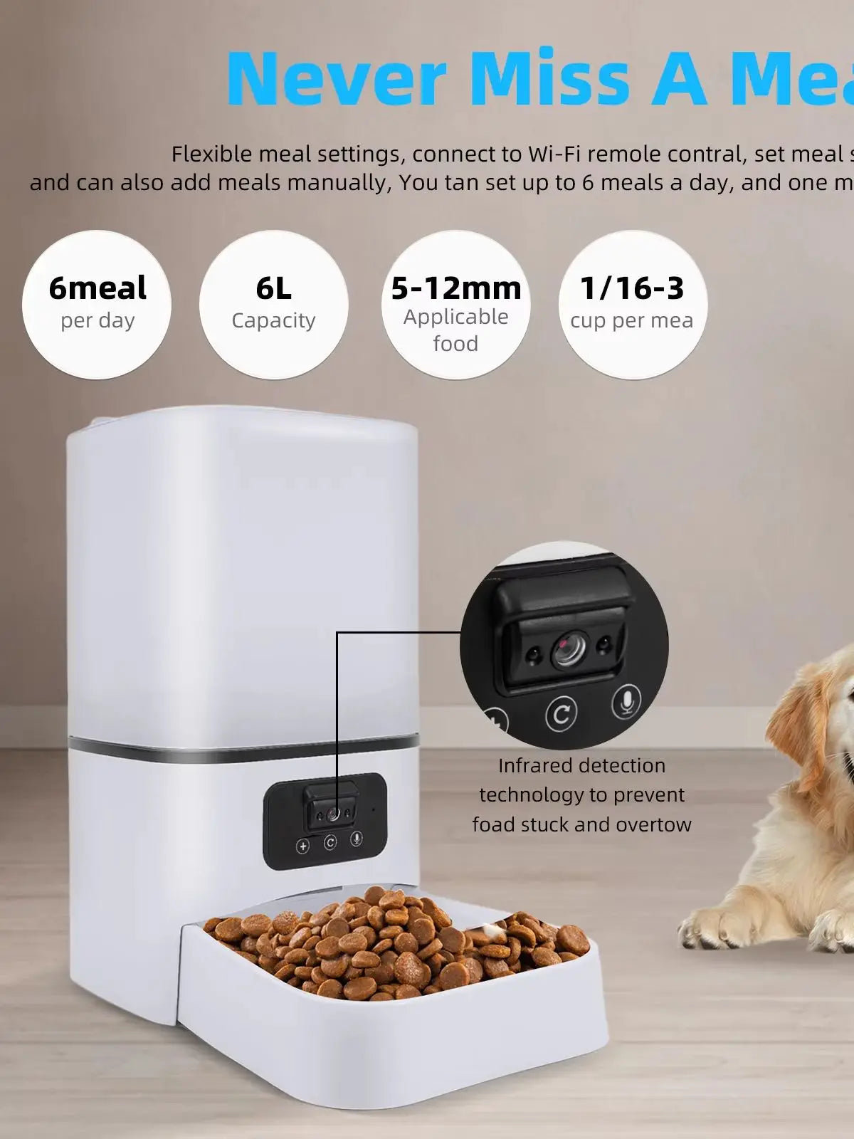 Distributeur automatique intelligent de nourriture pour chats 6L avec caméra de vision nocturne, enregistrement vidéo vocal intelligent pour animaux de compagnie, distributeur pour chats et chiens