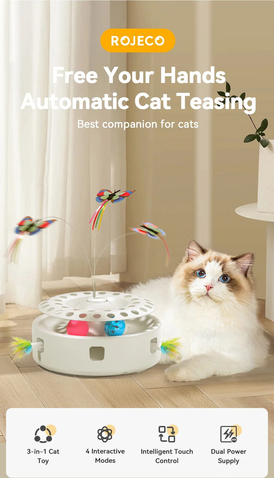 3-in-1 Automatic Cat Toy - Wireless Interactive Feather Wand with Track Ball & Teasing Stick