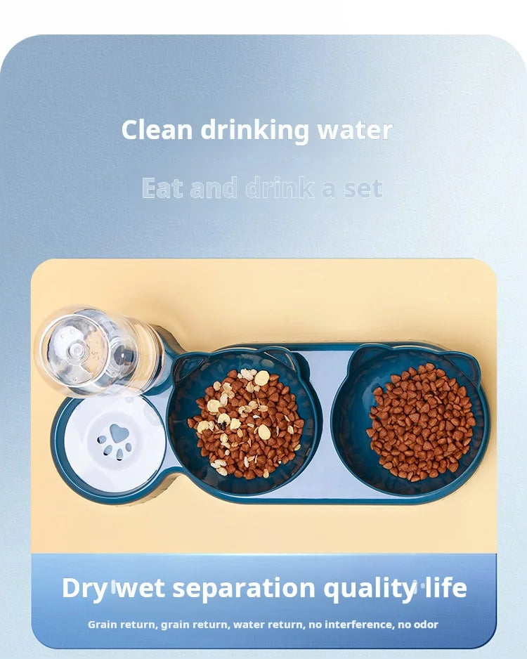 3-in-1 Pet Bowl Set with Gravity Water Feeder - Tilted Design with Ear Shape for Neck Protection