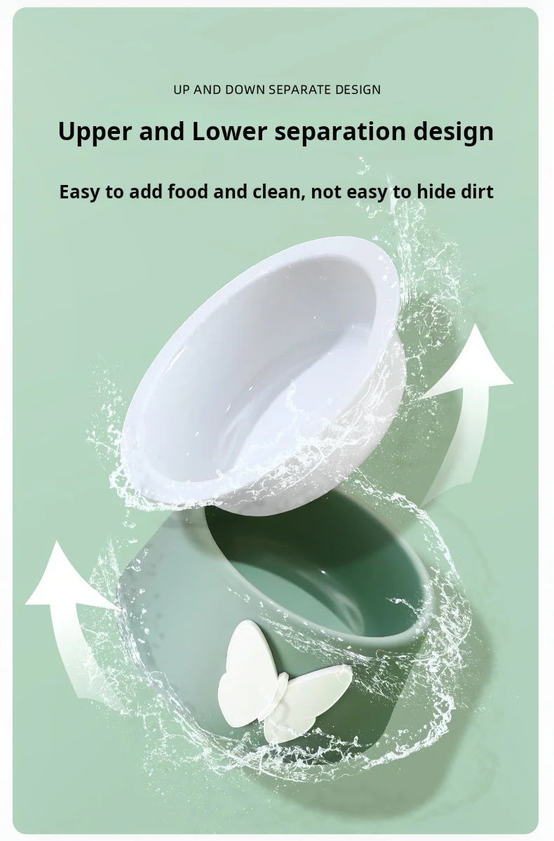 Ceramic Pet Bowl with Neck Protection - Butterfly Design Food-Grade Bowl