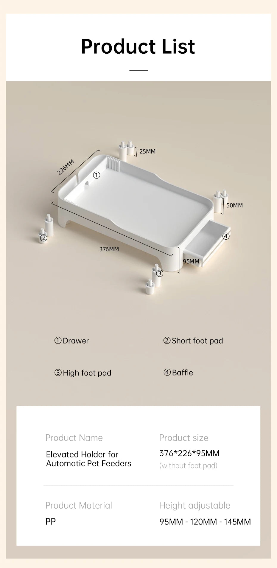 Adjustable Height Elevated Holder for Automatic Pet Feeders