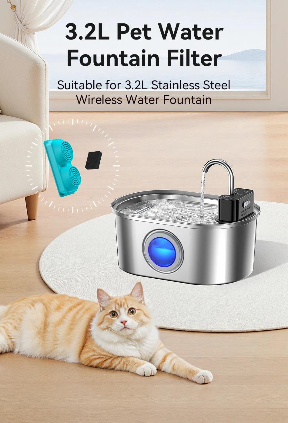 Cat Fountain Filter Replacement - 3.2L Stainless Steel Wireless Fountain Compatible Filters