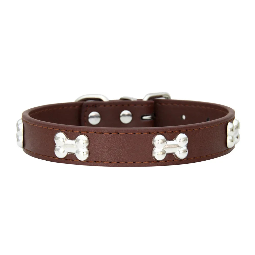 Durable Leather Dog Collar with Bone Design for Small to Large Dogs