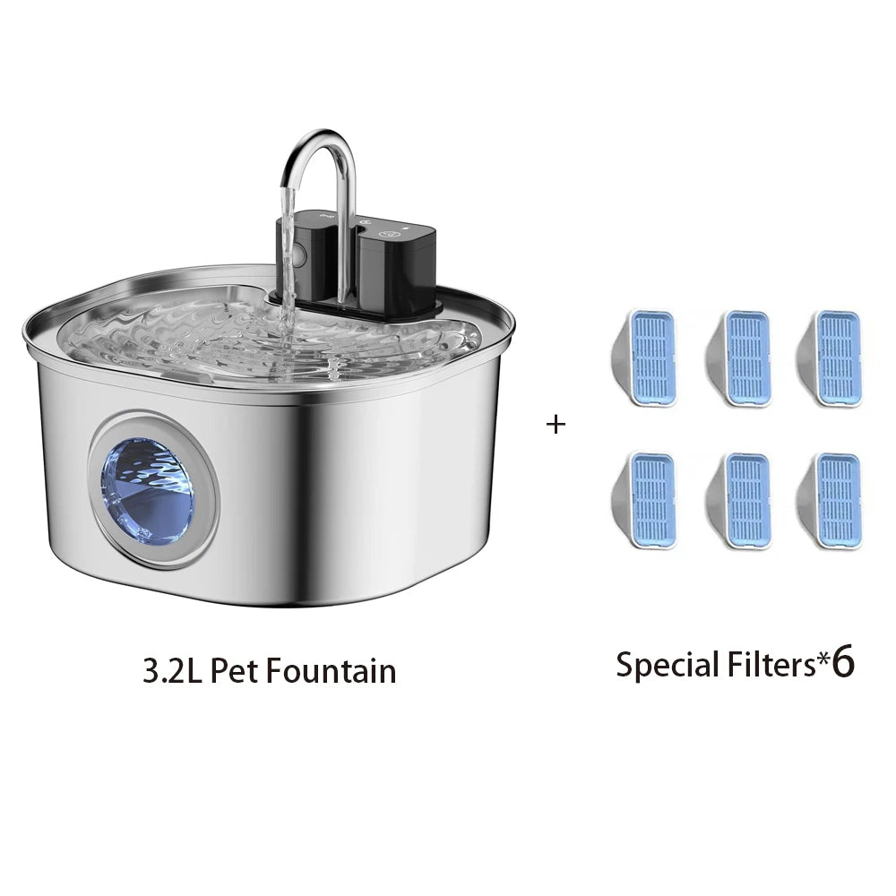 3.2L Wireless Smart Pet Water Fountain - Stainless Steel Automatic Dispenser with Visual Window